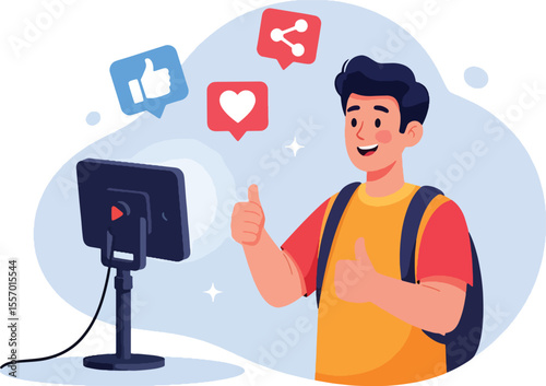 Happy young man vlogging, receiving positive online feedback and likes on his video.