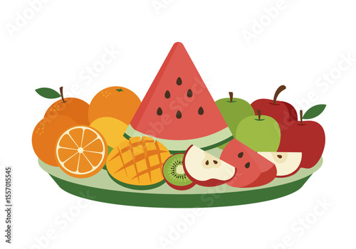A fruit platter features oranges apples watermelon kiwi and mango