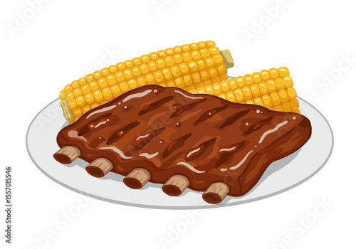 A cartoonstyle BBQ plate with ribs and corn on the cob showing a meal ready to eat