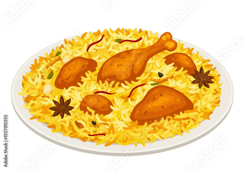 A dish of chicken biryani with rice chicken pieces spices and star anise on a white plate