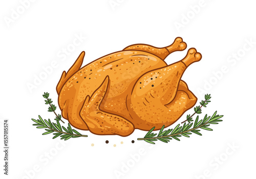 A goldenbrown cooked chicken rests atop rosemary and thyme with scattered pepper