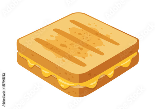 A grilled cheese sandwich with melted cheese is presented in an isometric view on a white background