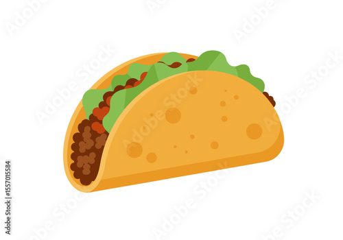 A hardshell taco is filled with ground beef lettuce and red sauce The shell is bright orange with tan spots