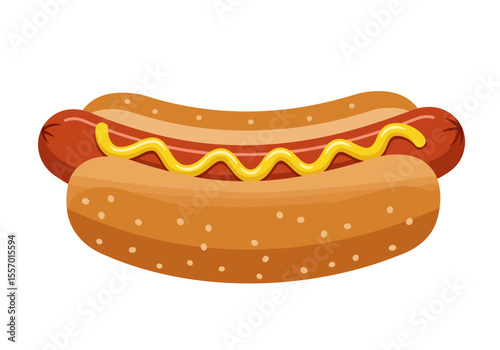 A hot dog with mustard in a bun is the subject of the image