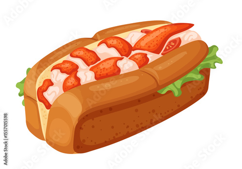 A lobster roll showcases bright red lobster meat on a splittop bun with lettuce