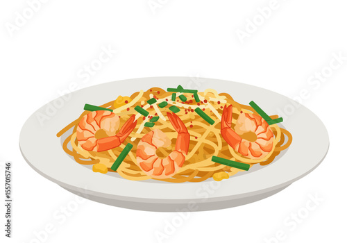 A plate of Pad Thai featuring noodles shrimp peanuts bean sprouts and chives