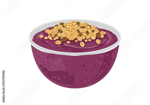 Açaí bowl topped with granola  coffee beans in a white bowl with a thick gray rim