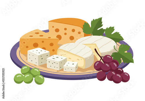 An assortment of cheese grapes and leaves sits on a purplerimmed platter