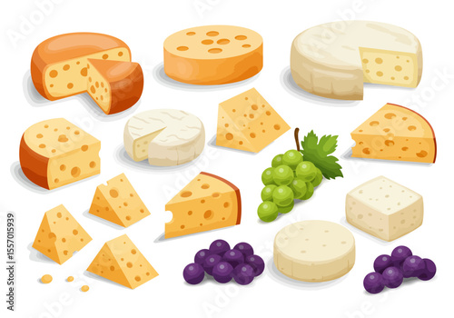 Assorted cheeses and grapes showing different textures colors and shapes spread across a white background