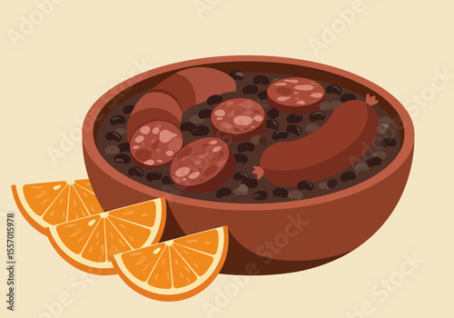 Beans with sausages  oranges A brown bowl with black beans brown sausage and slices of oranges at the side
