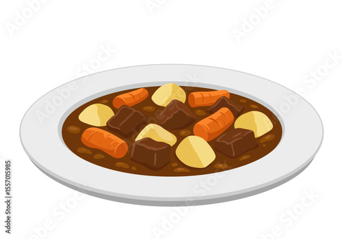 Beef stew with carrots  potatoes in gravy on a grayrimmed plate viewed from above at an angle
