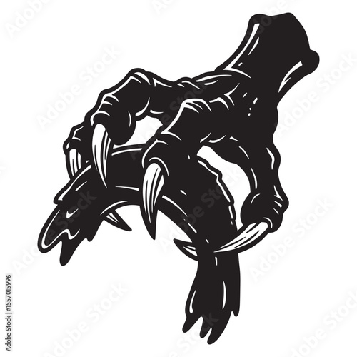 Spooky silhouette of a monster claw with sharp talons on a clean white background