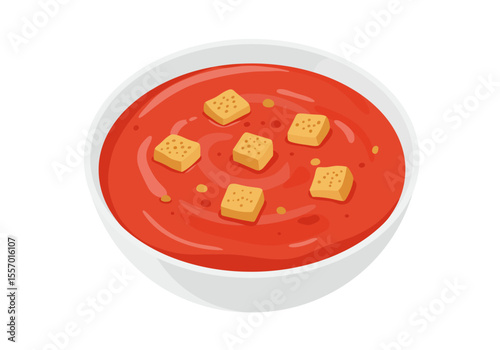 Bowl of tomato soup with croutons white bowl reddish soup and yellow croutons visible