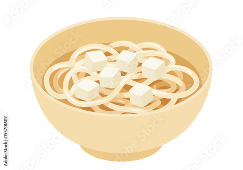 Bowl of udon noodles with cubes of tofu in a lightcolored broth