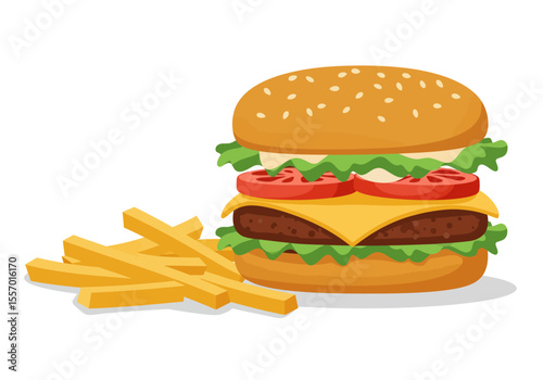 Cartoon hamburger with sesame bun lettuce cheese tomato and patty with a small pile of french fries on the side