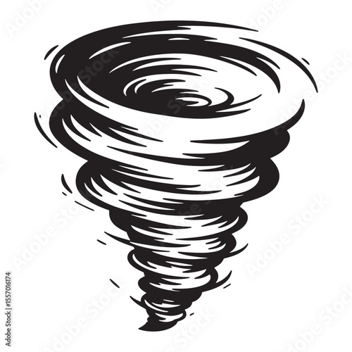 Stylized black and white illustration of a powerful rotating tornado against white background