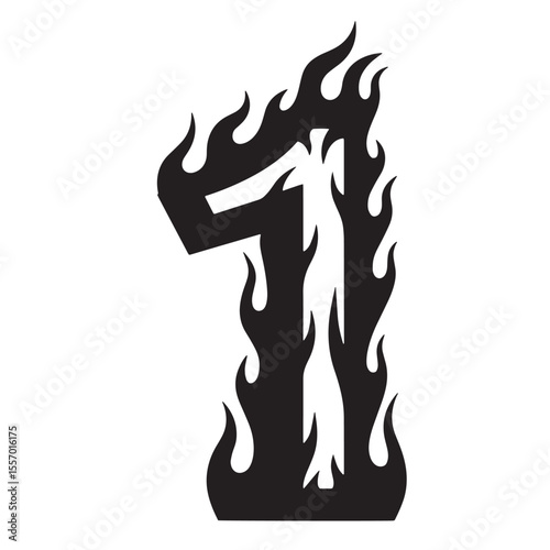 Stylized black fire number one on white background for various design purposes