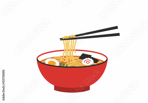 Cartoon ramen red bowl with noodles half egg seaweed narutomaki and chopsticks pulling up some noodles