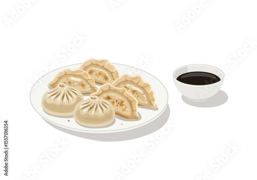 Dumplings and soup A plate of dumplings next to a bowl of dark sauce