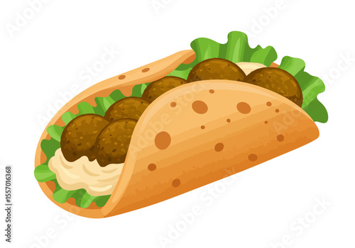 Falafel wrap cartoon pita with greens sauce  brown falafel balls