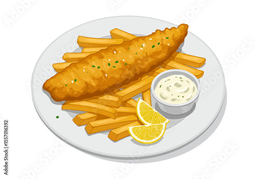 Fish and chips plate fried fish chips lemon wedges  sauce