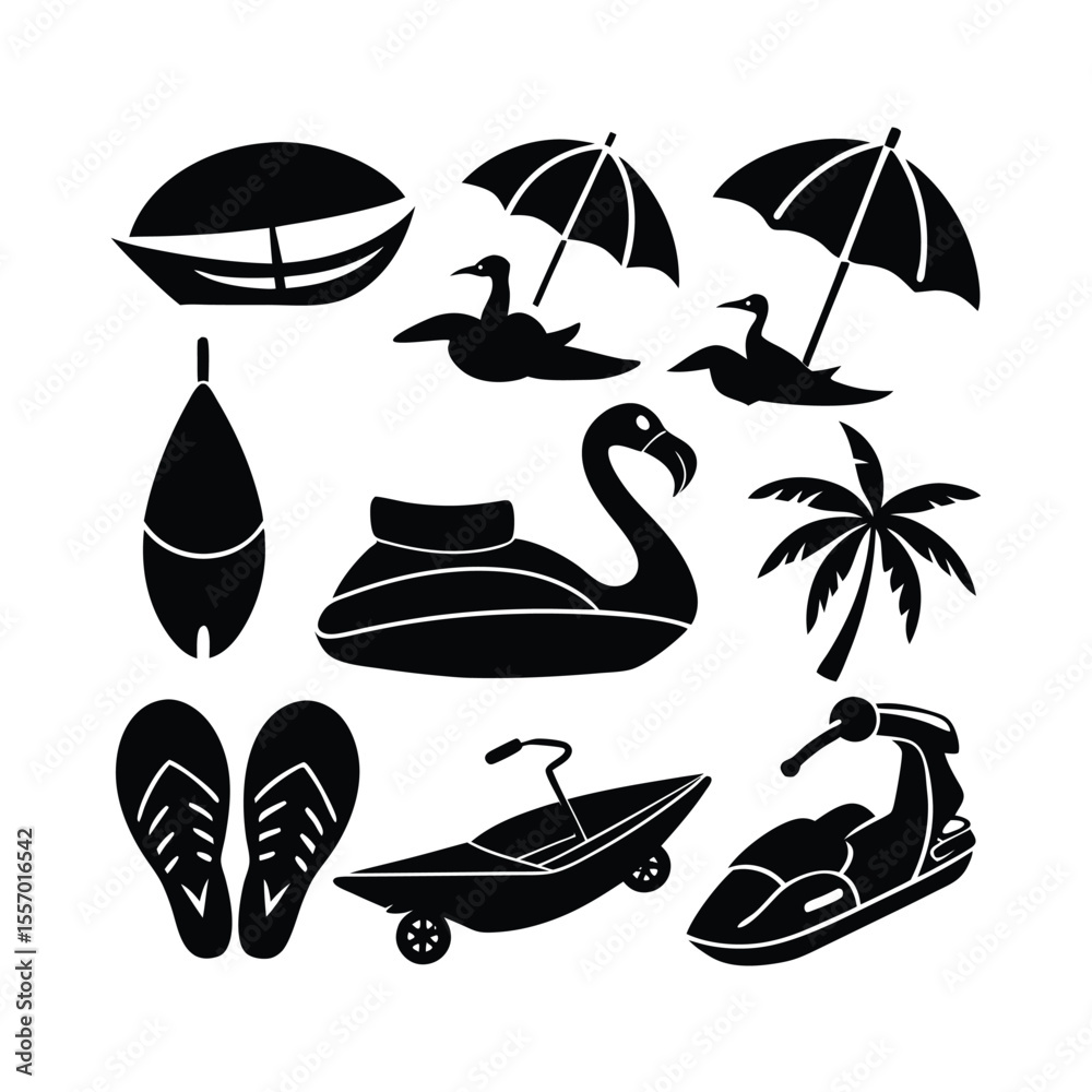 Obraz premium Sixteen Jet Skis and Tiki Masks Vibrant Tropical Illustration
