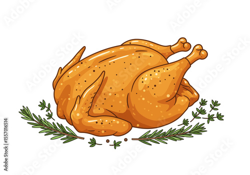 Golden roasted turkey garnished with rosemary  thyme sprigs set against a white background