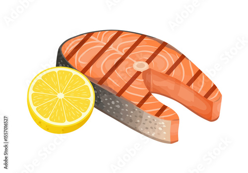 Grilled salmon steak with grill marks and a lemon slice next to it on a white background