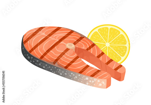 Grilled salmon steak with lemon slice displaying grill marks  pink hue