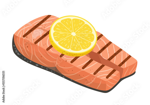 Grilled salmon steak topped with a lemon slice displaying grill marks