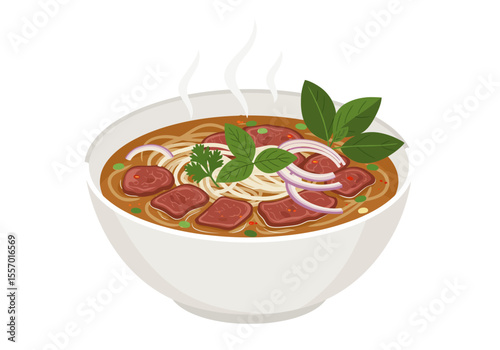 Illustration of a bowl of pho a Vietnamese noodle soup garnished with meat herbs and red onion slices