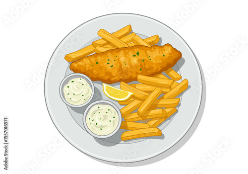 Illustration of fish and chips served on a plate with two dips and a lemon wedge