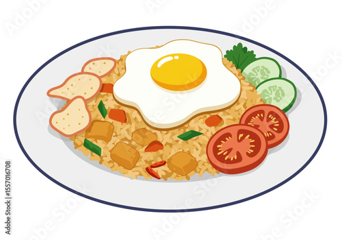 Plate of fried rice topped with an egg crackers sliced tomatoes and cucumbers