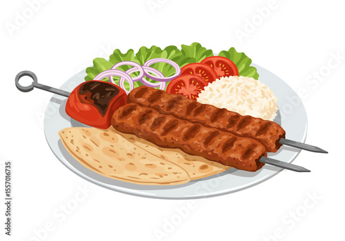 Plate of kebabs two skewers of grilled meat atop flatbread served with rice tomato onions and lettuce