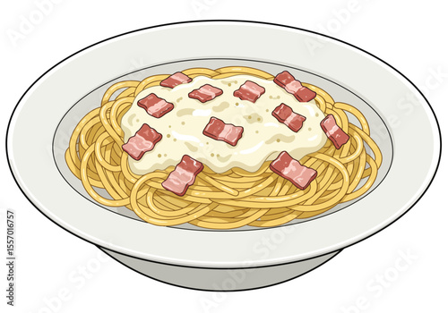 Plate of spaghetti carbonara with creamy sauce and bacon pieces