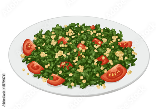 Plate of salad with green leafy vegetables tomatoes and couscous