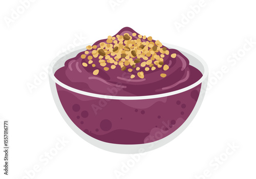 Purple acai bowl in a clear bowl topped with yellow grains