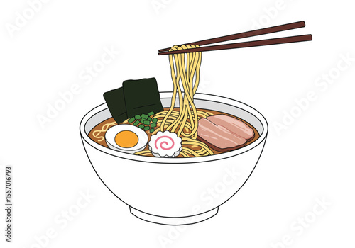 Ramen bowl illustration noodles held by chopsticks egg meat seaweed and scallions