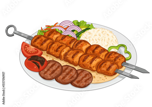 Skewered meat kebab served on flatbread with sides displayed on a plate