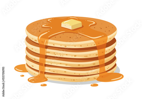 Stack of five pancakes with syrup and butter
