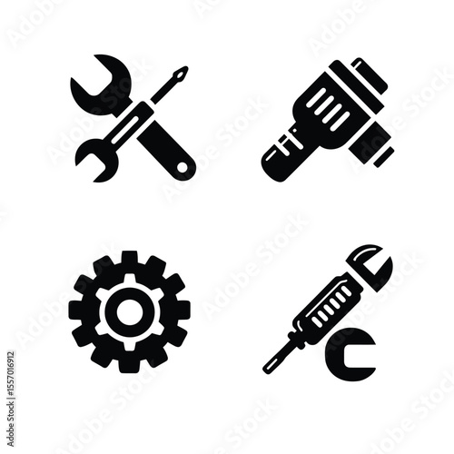 Tool & Repair Icons – Monochrome Vector Set Featuring Wrench, Screwdriver, Drill, and Gear Symbols for Mechanical Themes