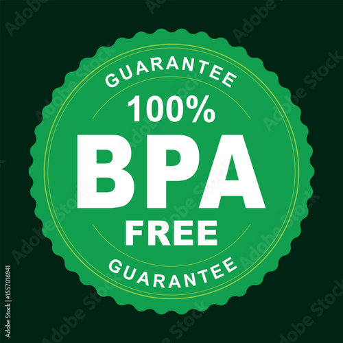 green round BPA free label with 100 percent guarantee text and leaf icons used for safe product packaging	