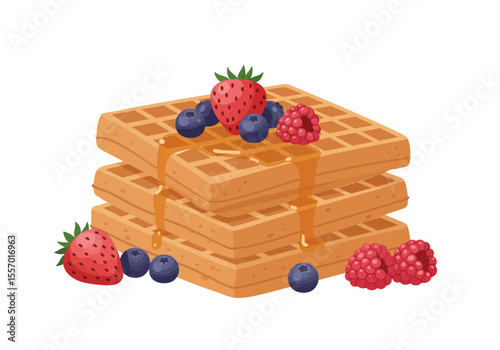 Stacked waffles topped with berries  syrup