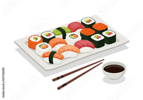 Sushi assortment on white plate chopsticks soy sauce varied toppings