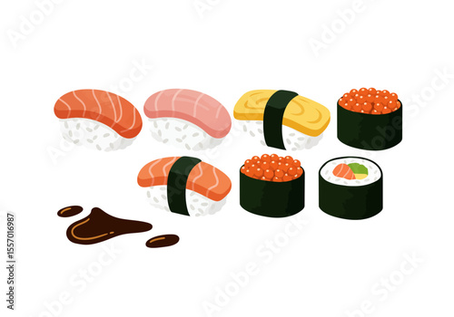Sushi assortment shows nigiri with salmon tuna egg ikura plus a maki roll and soy sauce