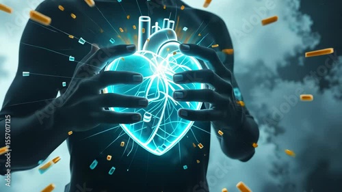Futuristic glowing blue heart hologram held by dark hands on digital abstract background, high-tech medical innovation concept