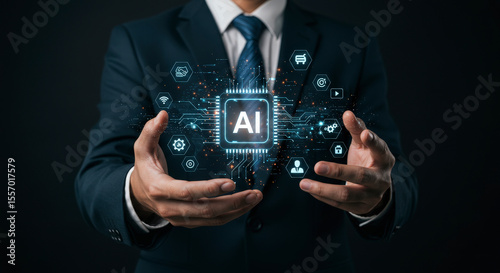Man in Dark Suit Holding Glowing Ai Chip with Blue Light Effect Presenting Future Technology on Dark Backdrop
