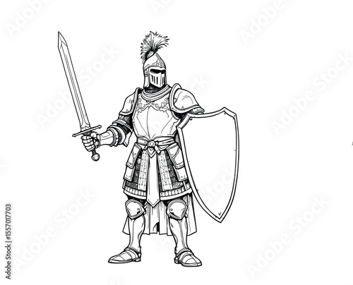 Medieval Knight Silhouette – Monochrome Vector of Armored Warrior with Sword, Shield, and Plumed Helmet in Heroic Pose