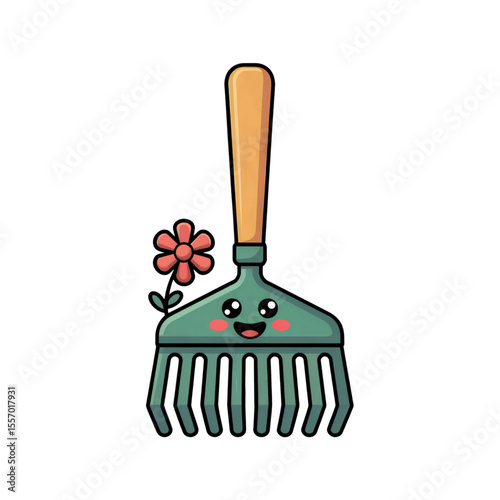 Vector illustration of a cute cartoon garden rake with a happy smiling face. Flat vector style on white background. No text. Perfect for gardening themes, kids illustrations, and fun design.