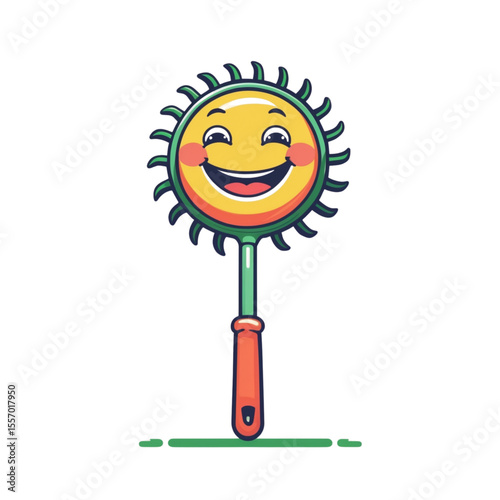 Vector illustration of a cute cartoon garden rake with a happy smiling face. Flat vector style on white background. No text. Perfect for gardening themes, kids illustrations, and fun design.